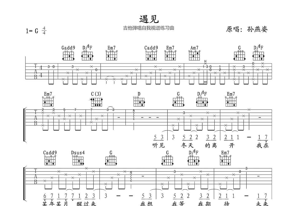 遇见吉他谱_孙燕姿_G调弹唱