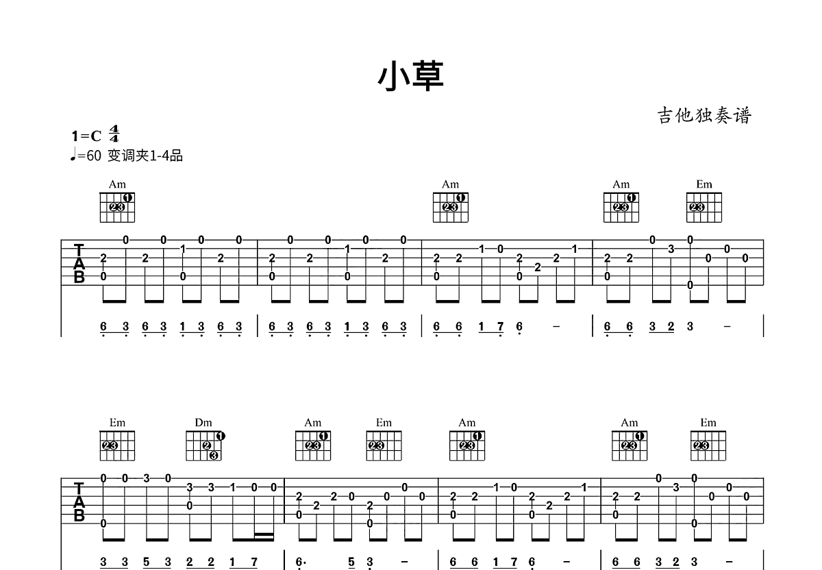 小草吉他谱_王祖皆_C调指弹