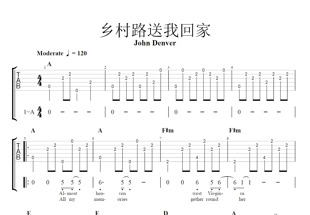 乡村路送我回家吉他谱预览图