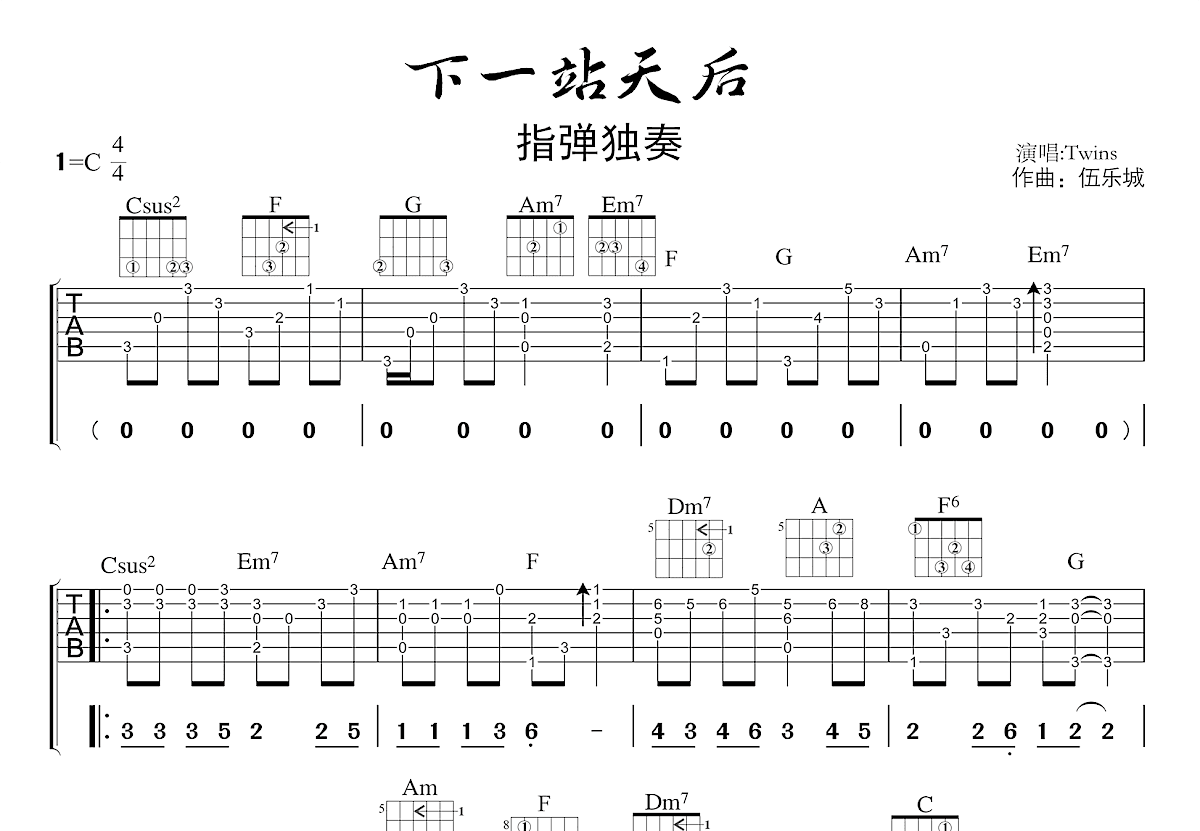 下一站天后吉他谱_Twins_C调指弹