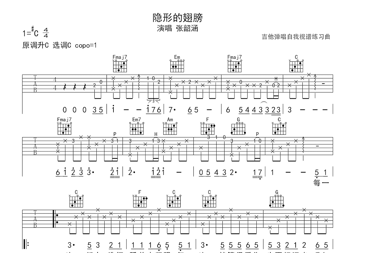 隐形的翅膀吉他谱_张韶涵_C调弹唱