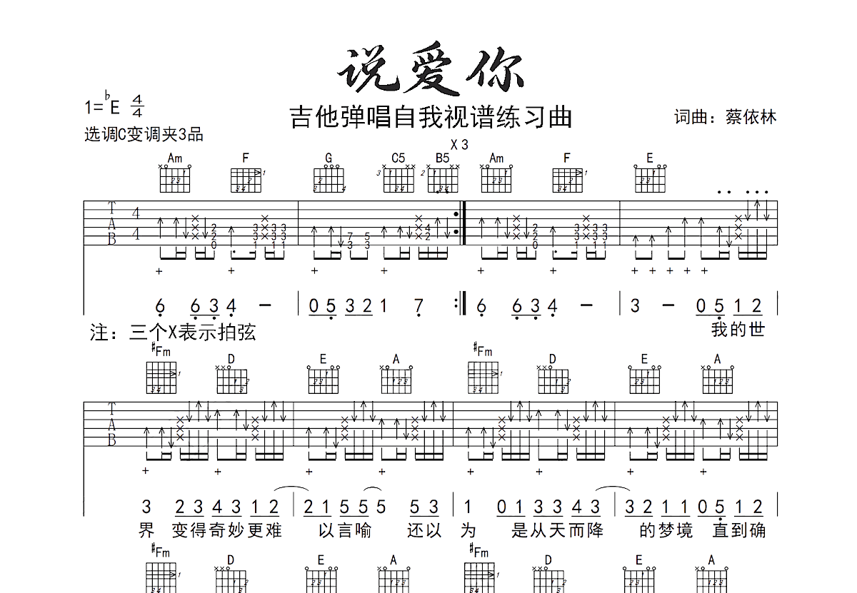 说爱你吉他谱预览图