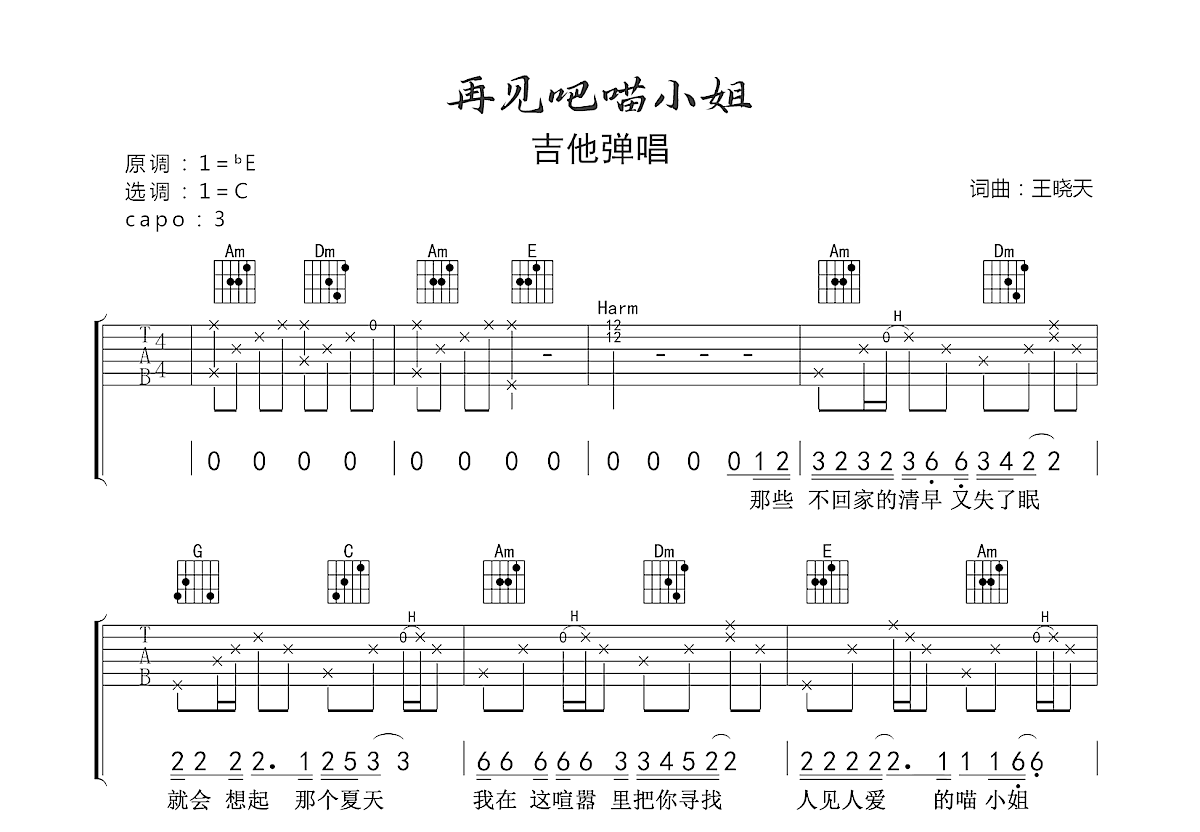 再见吧喵小姐吉他谱预览图