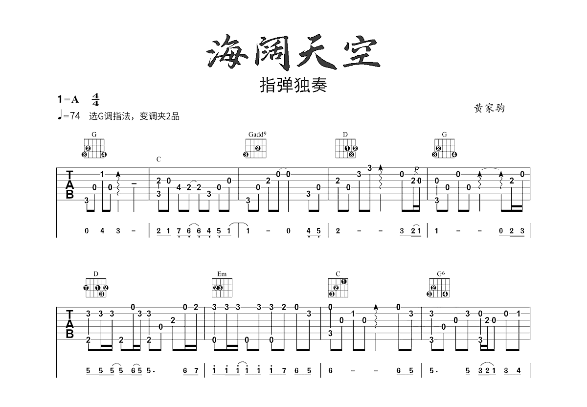 海阔天空吉他谱预览图