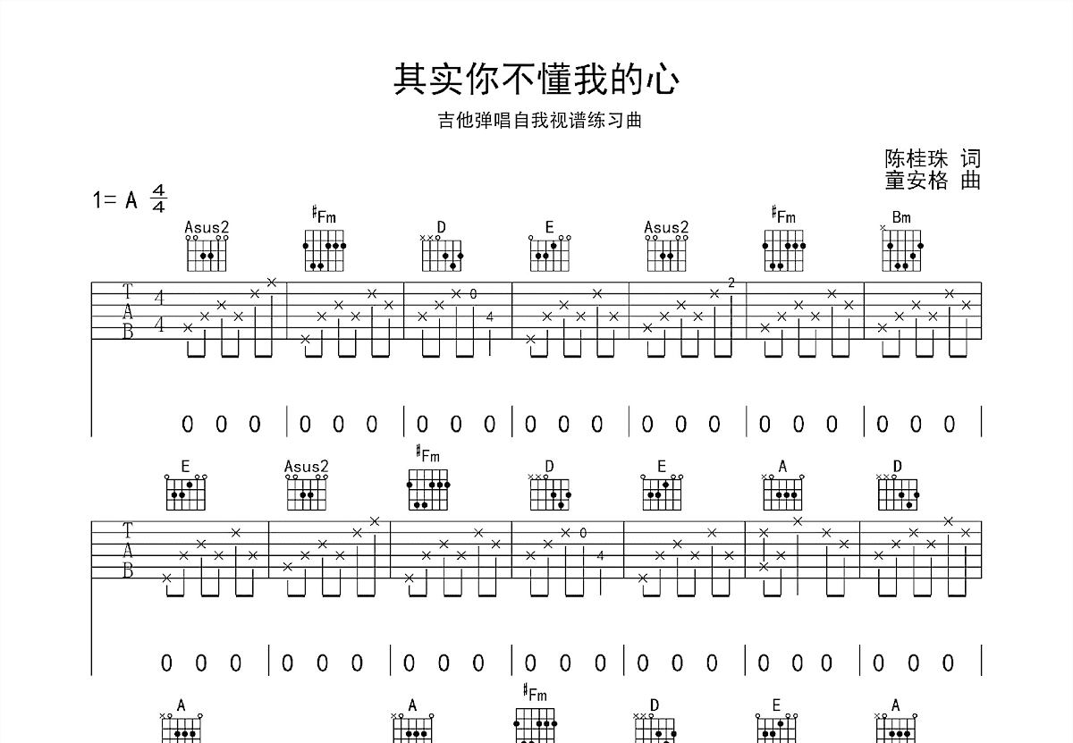 其实你不懂我的心吉他谱预览图
