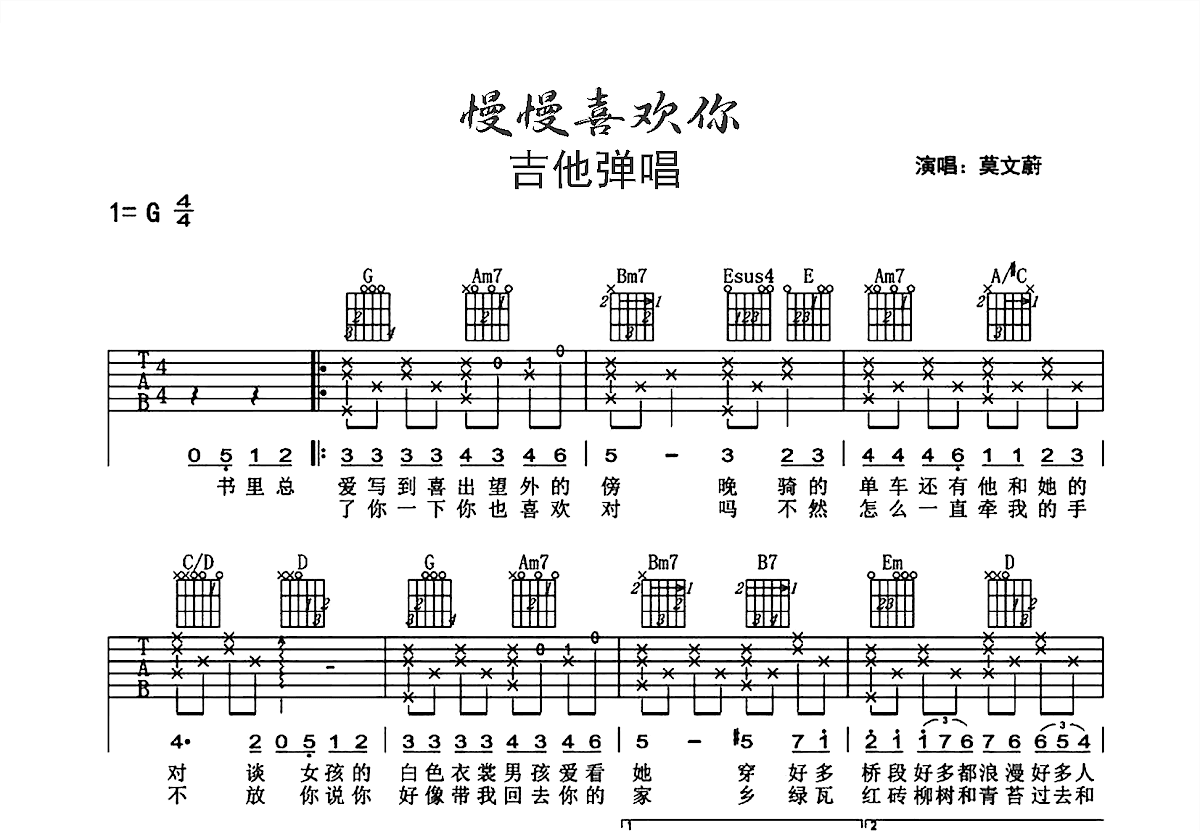 慢慢喜欢你吉他谱_莫文蔚_G调弹唱