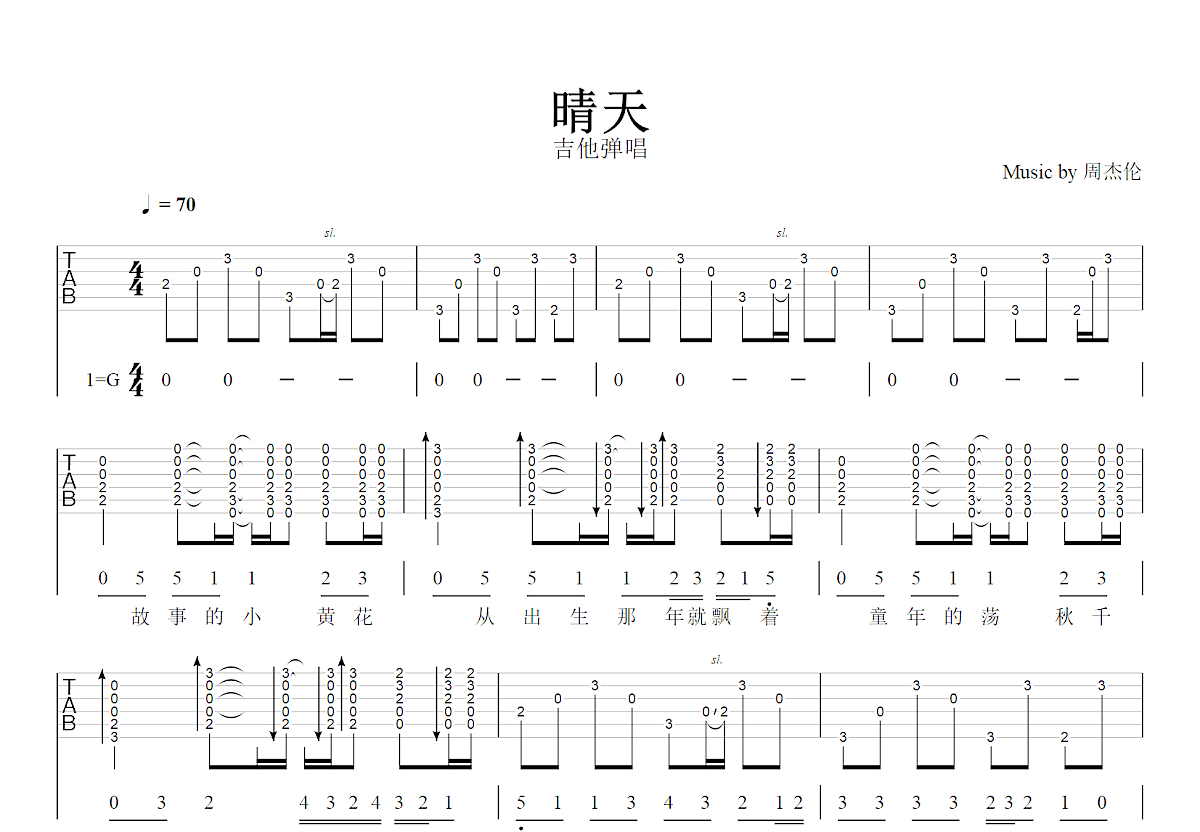 晴天吉他谱_周杰伦_G调弹唱