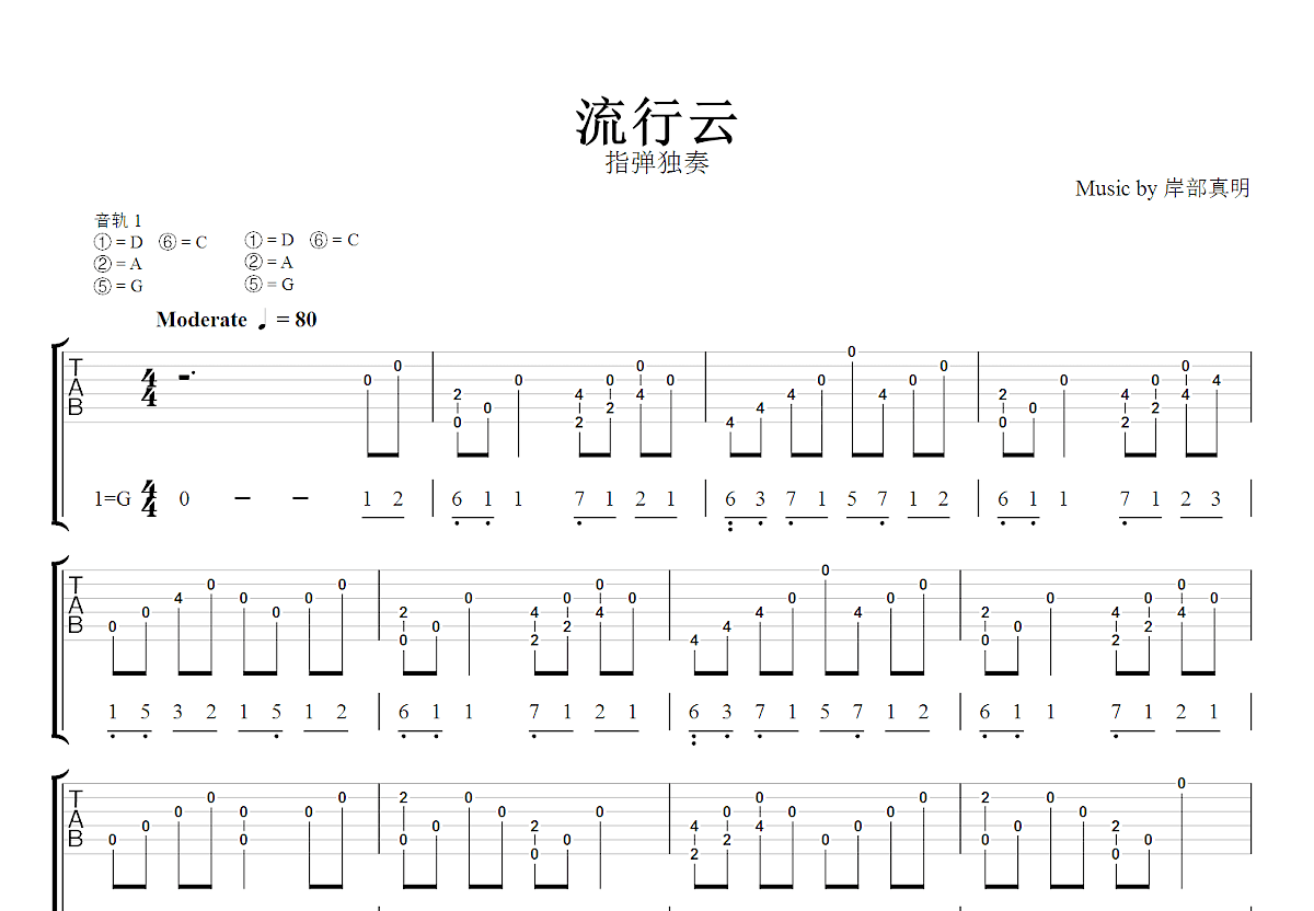 流行云吉他谱_岸部真明_G调指弹