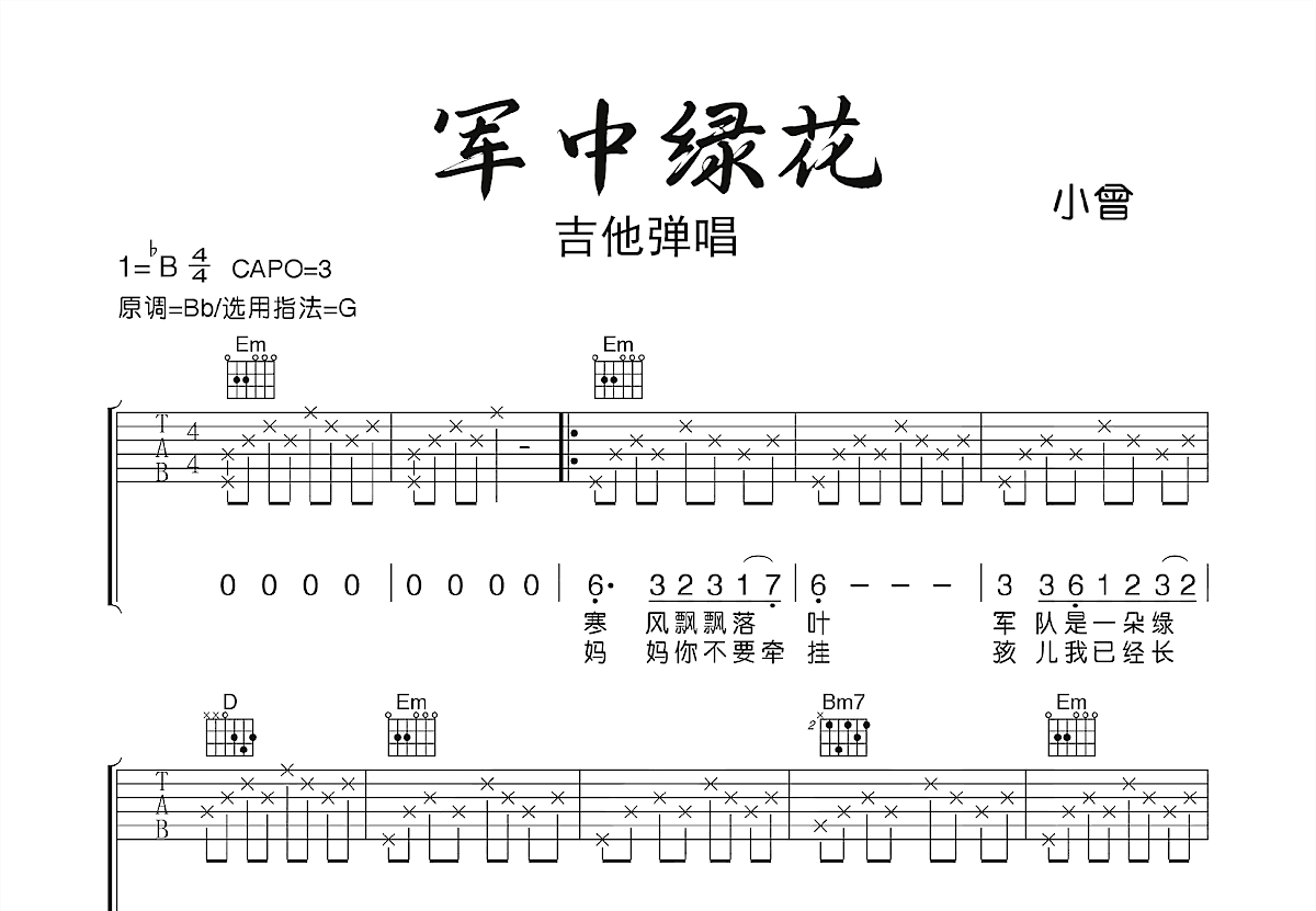 军中绿花吉他谱_小曾_G调弹唱