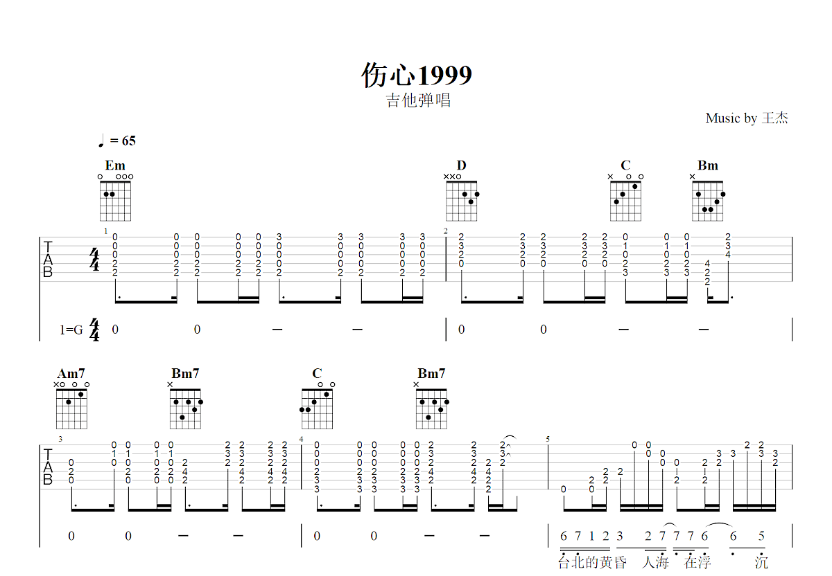 伤心1999吉他谱_王杰_G调弹唱