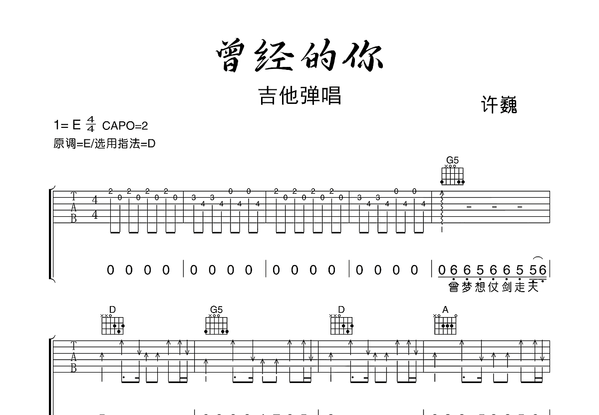 曾经的你吉他谱_许巍_D调弹唱