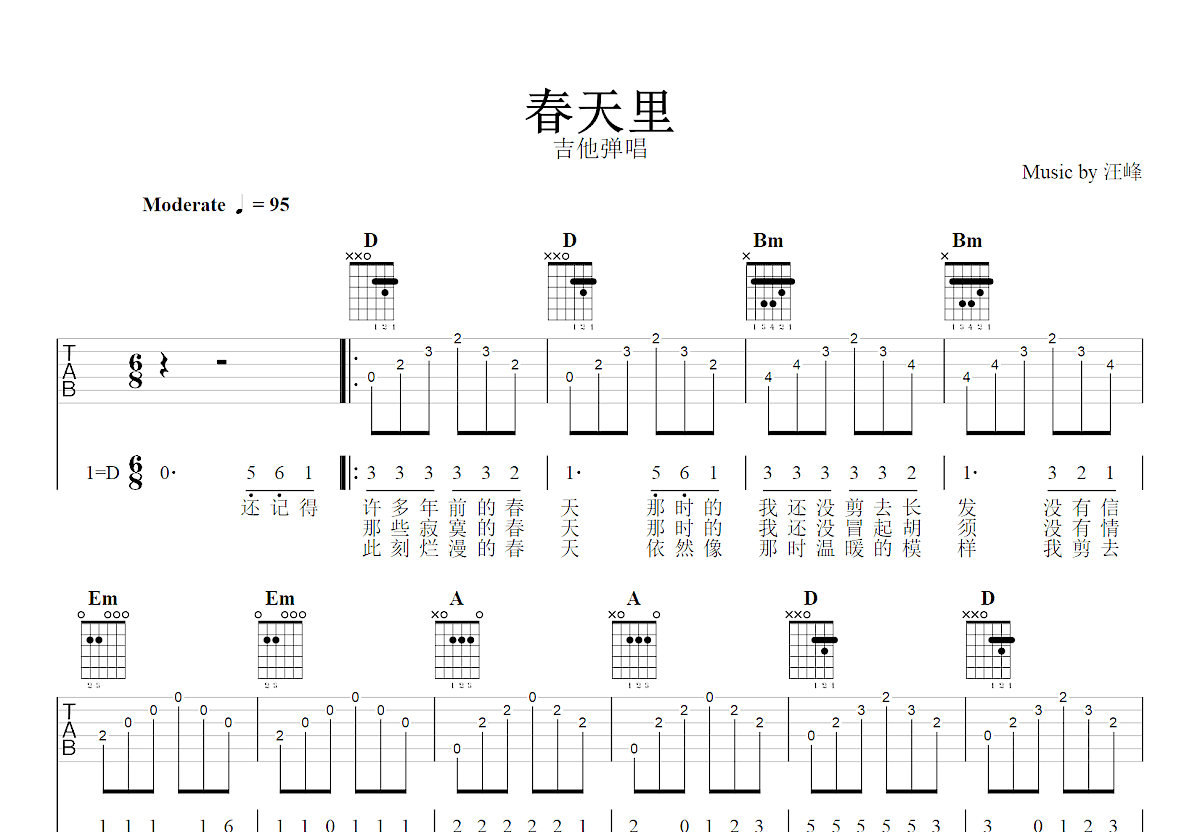 春天里吉他谱_汪峰_D调弹唱