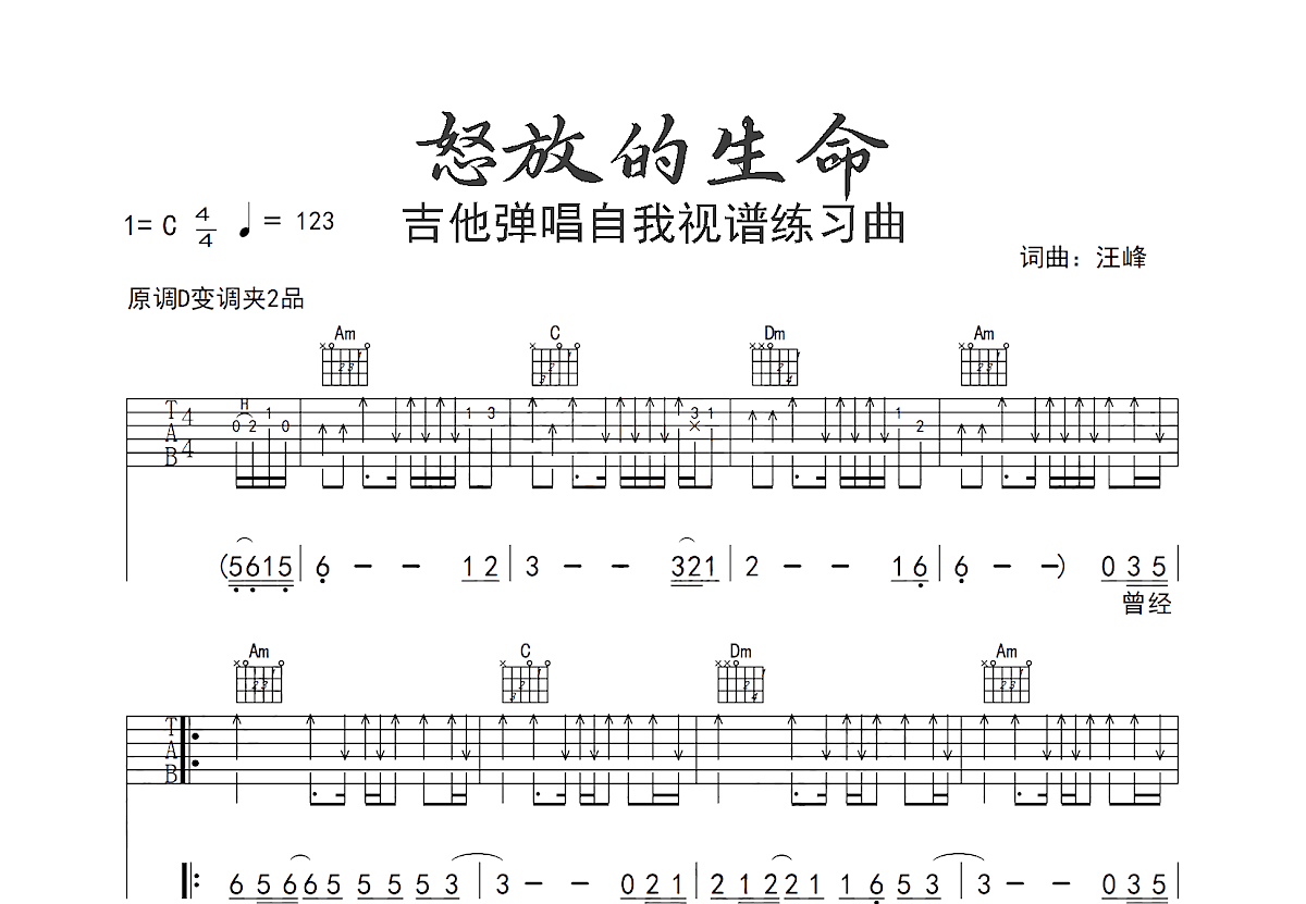 怒放的生命吉他谱_汪峰_C调弹唱