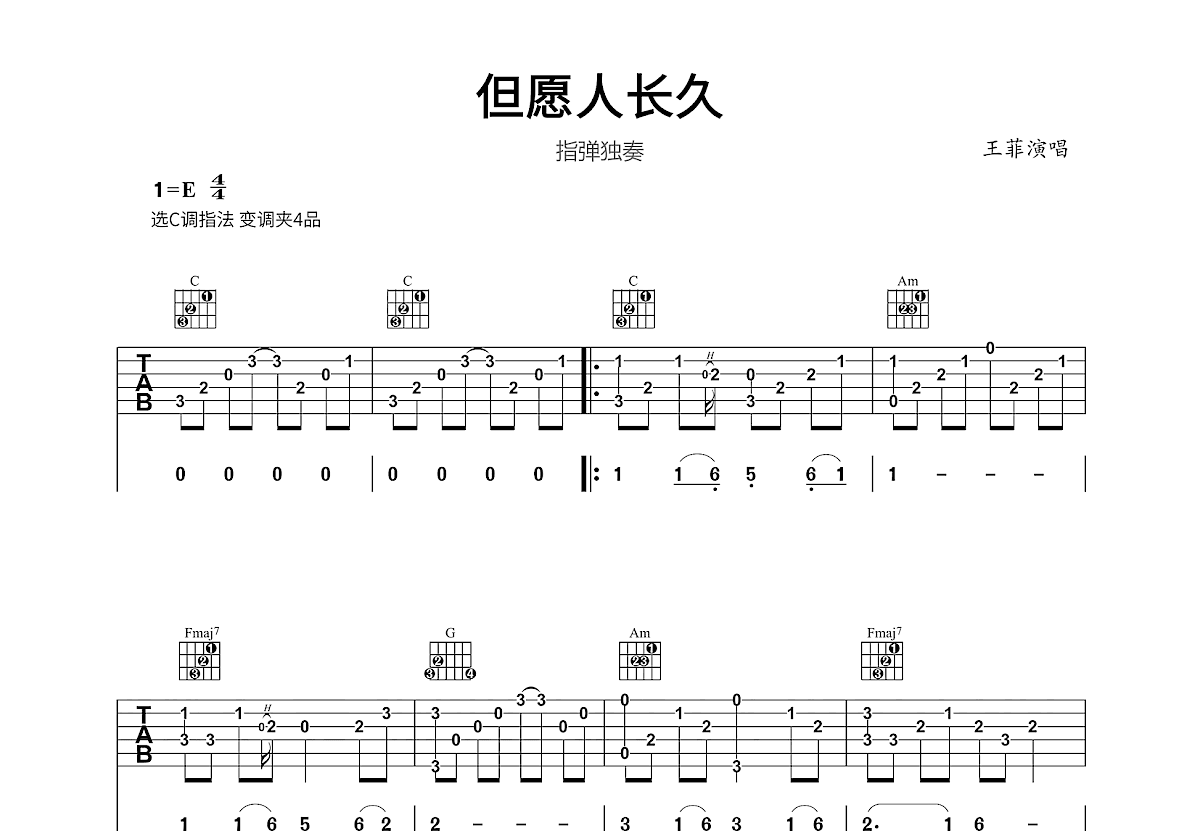 但愿人长久吉他谱_王菲_C调指弹