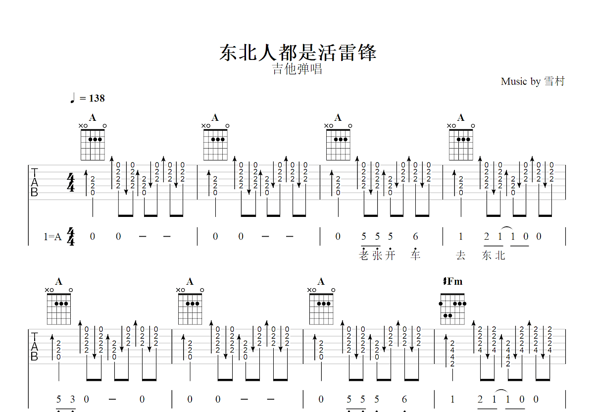 东北人都是活雷峰吉他谱_雪村_A调弹唱
