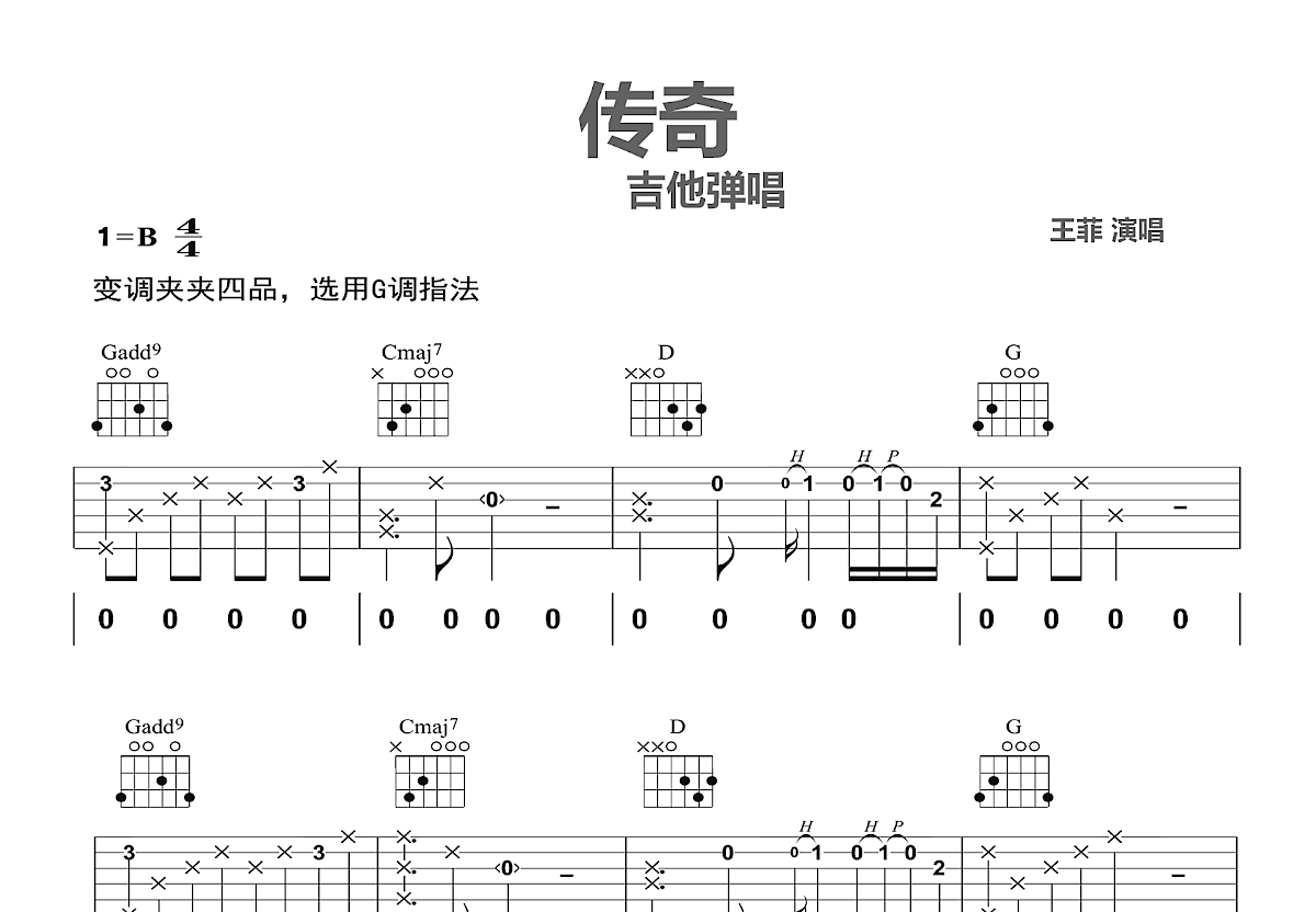 传奇吉他谱_王菲_B调弹唱