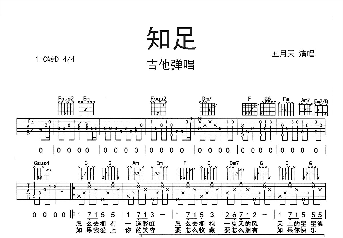 知足吉他谱_五月天_C调弹唱