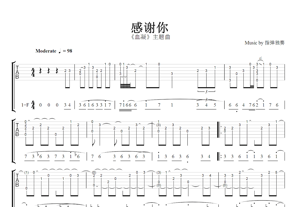 感谢你吉他谱_山口百惠_F调指弹