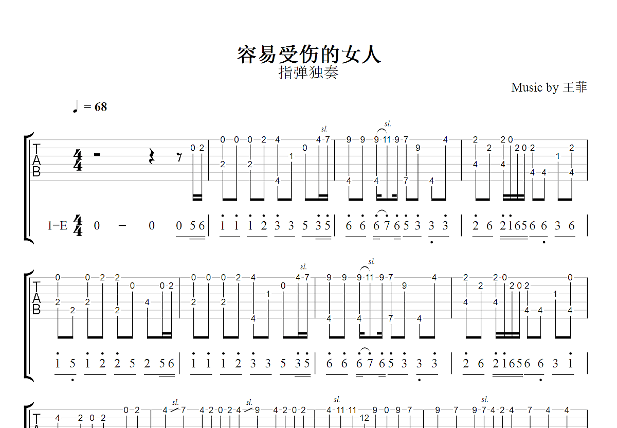 容易受伤的女人吉他谱_王菲_E调指弹