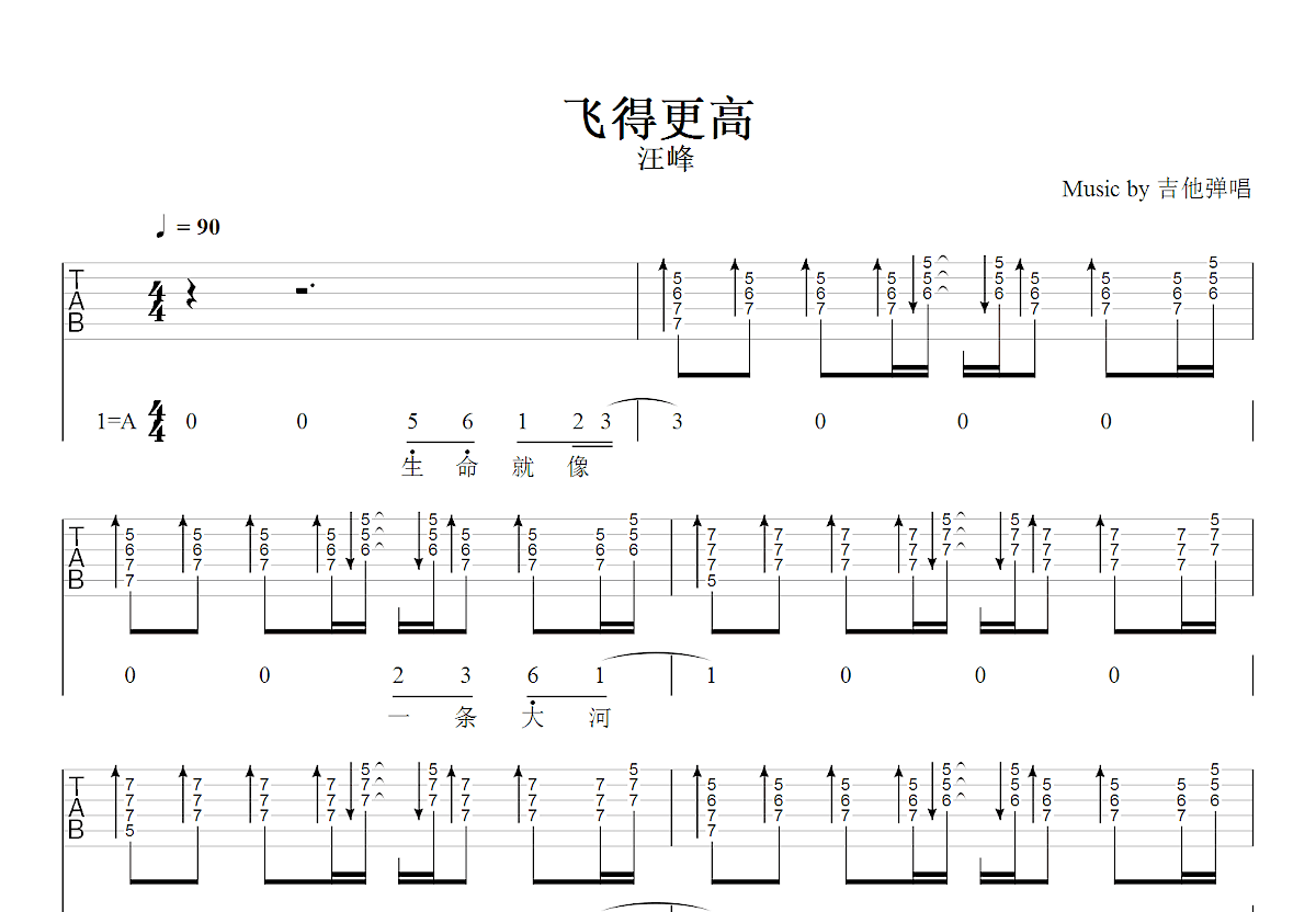 飞得更高吉他谱_汪峰_A调弹唱