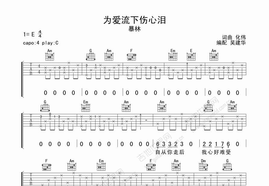 为爱流下伤心泪吉他谱预览图