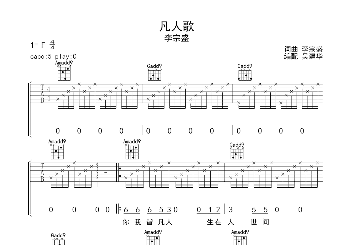 凡人歌吉他谱预览图