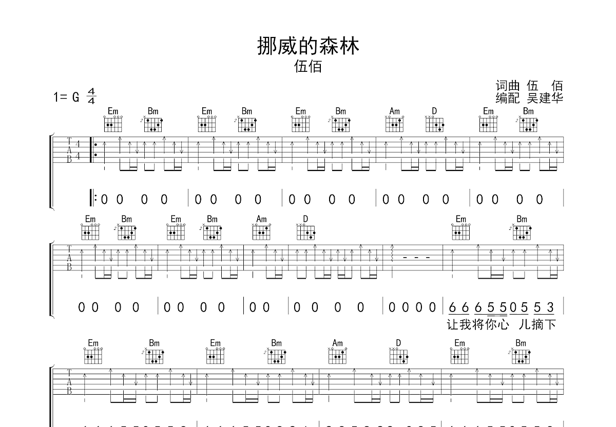 挪威的森林吉他谱_伍佰_G调弹唱