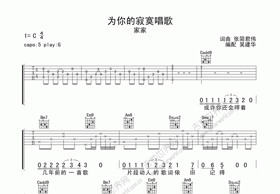 为你的寂寞唱歌吉他谱预览图