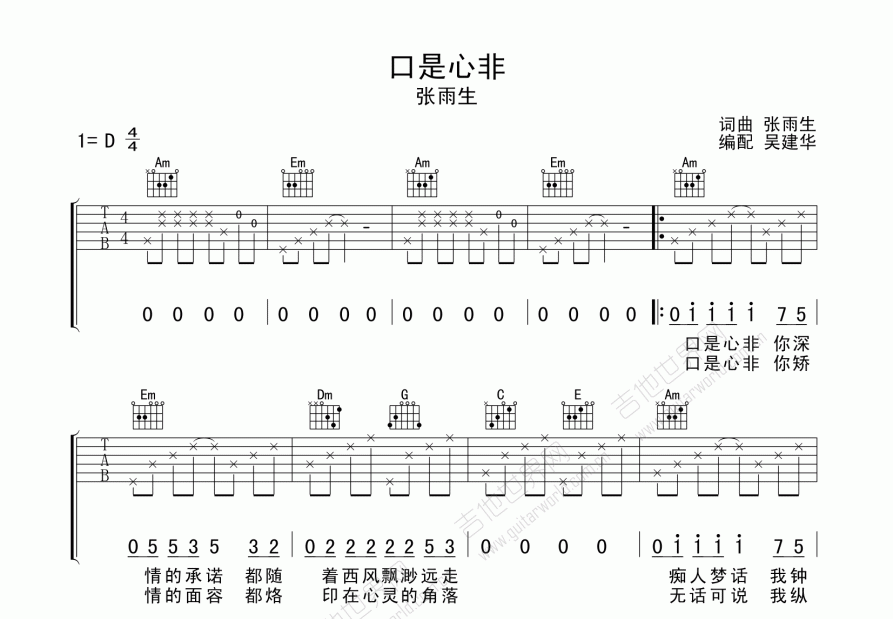 口是心非吉他谱预览图