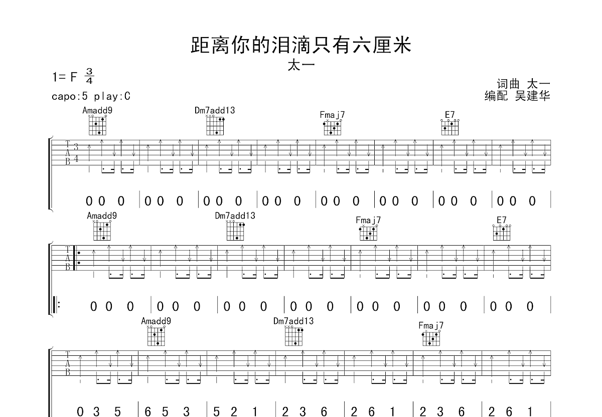 距离你的泪滴只有六厘米吉他谱预览图