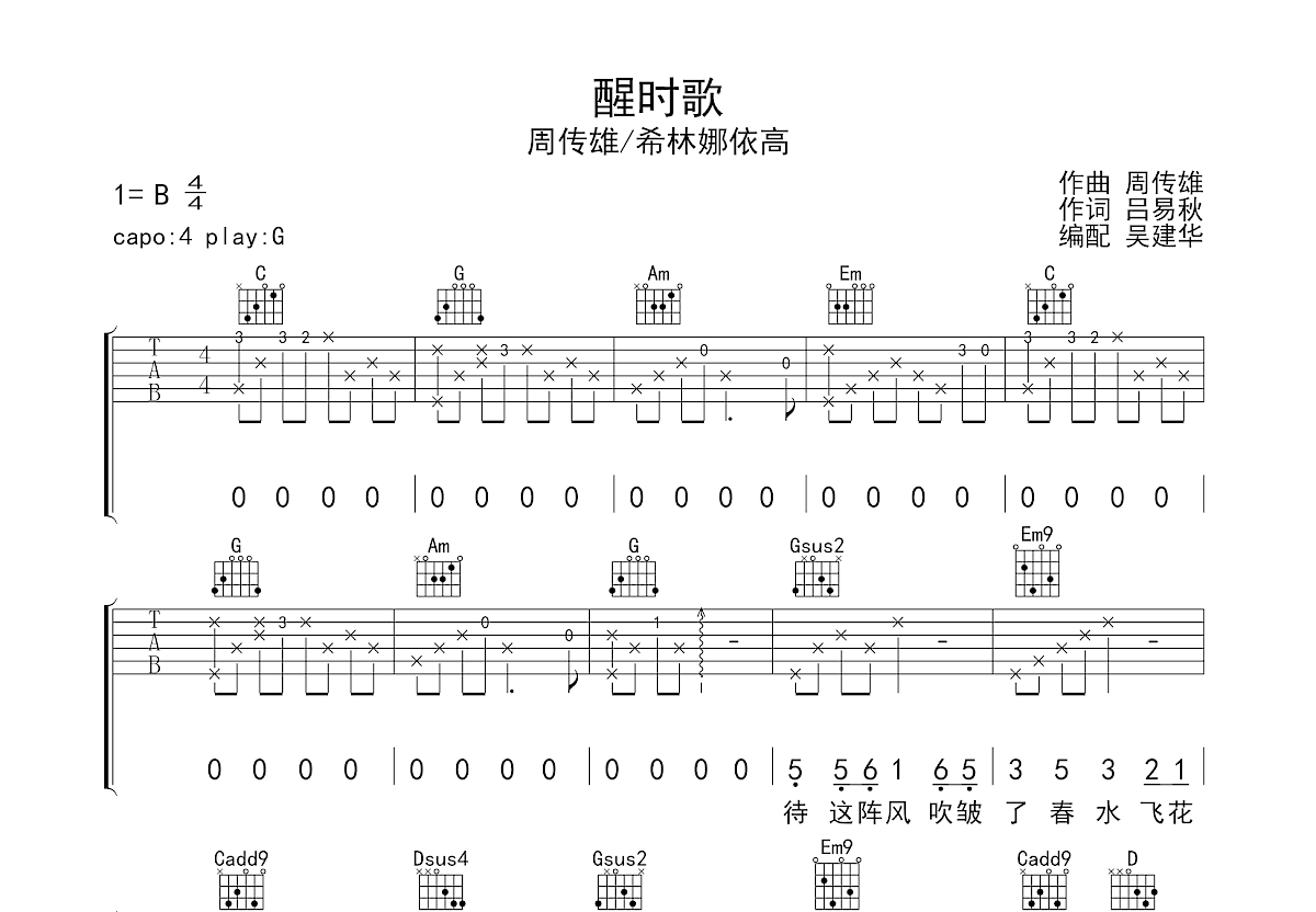 醒时歌吉他谱预览图