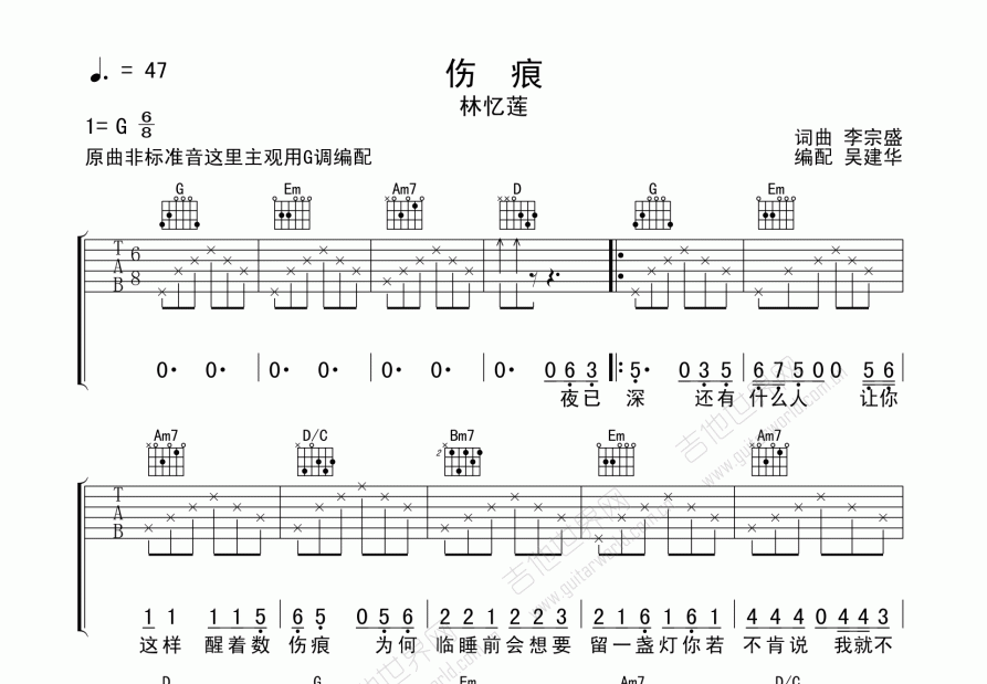 伤痕吉他谱预览图