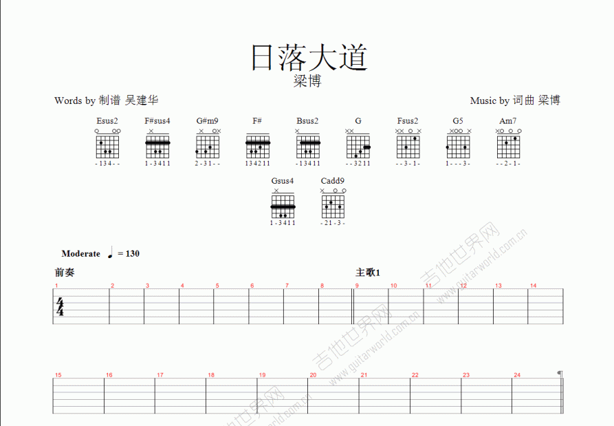 日落大道吉他谱预览图