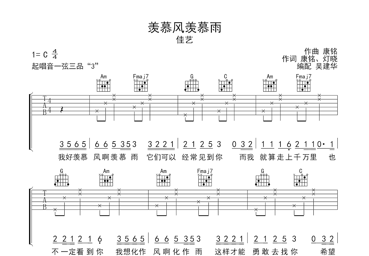 羡慕风羡慕雨吉他谱预览图