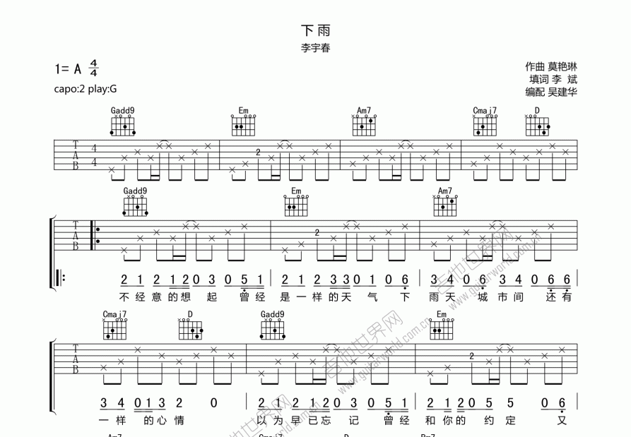 下雨吉他谱预览图