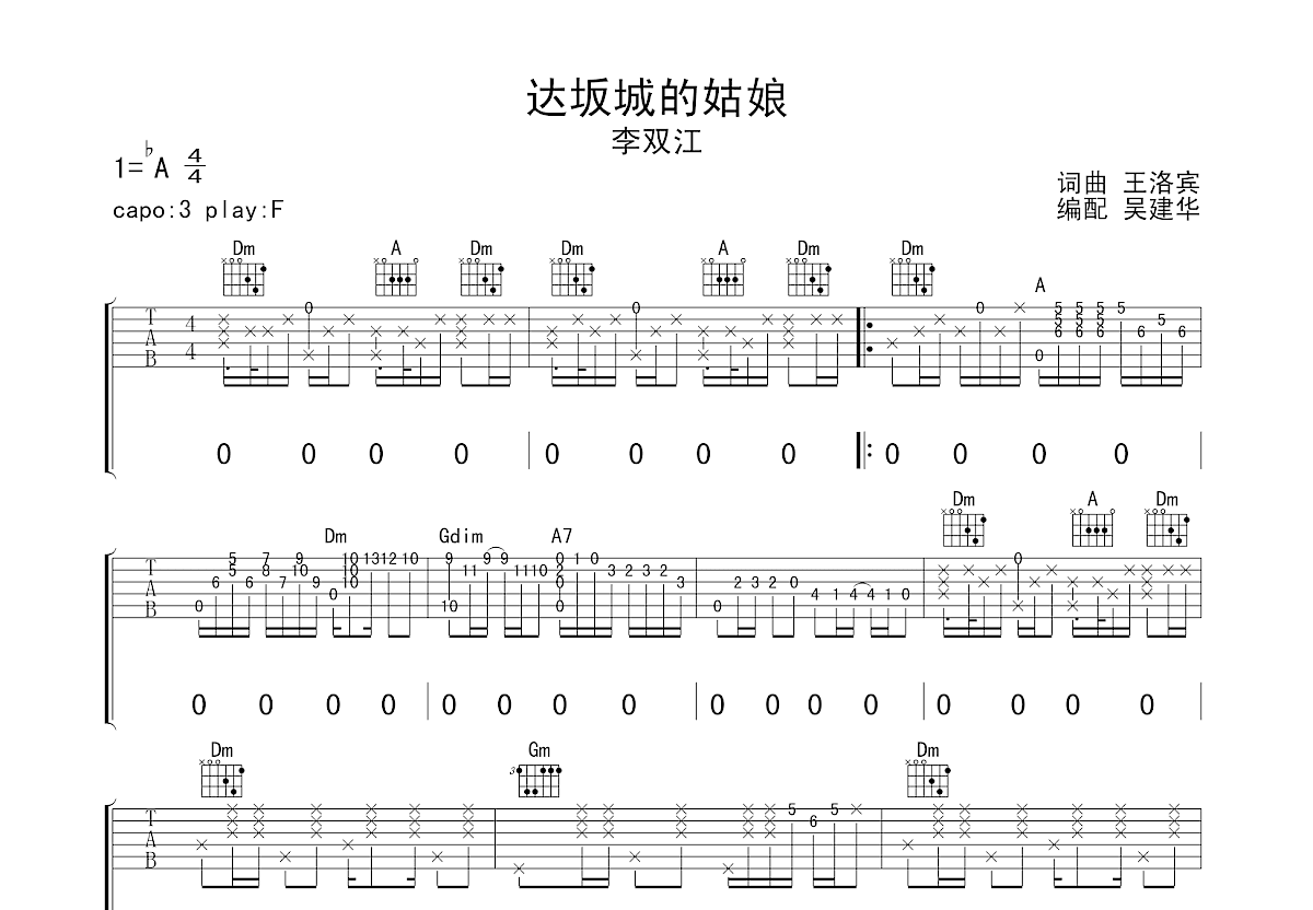 达坂城的姑娘吉他谱预览图