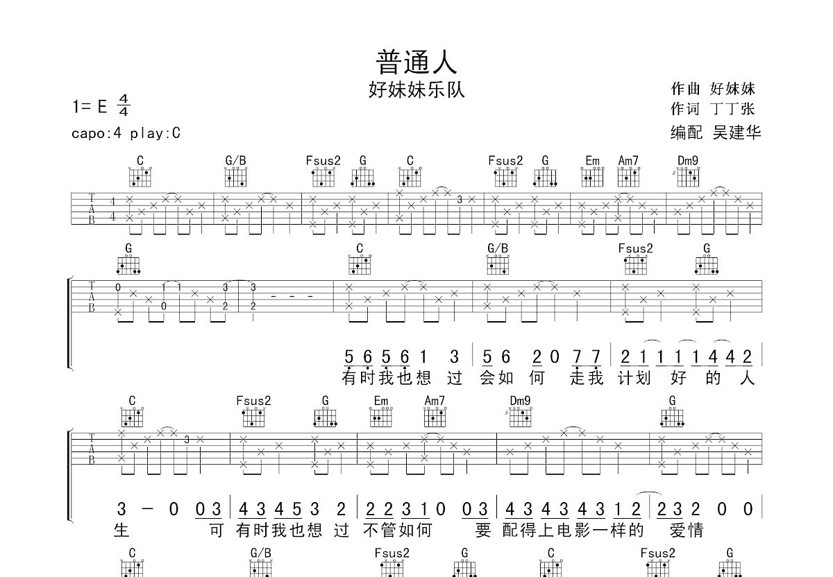 普通人吉他谱预览图