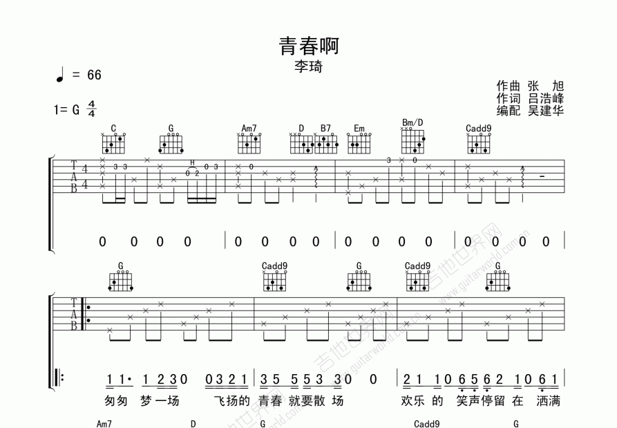 青春啊吉他谱预览图