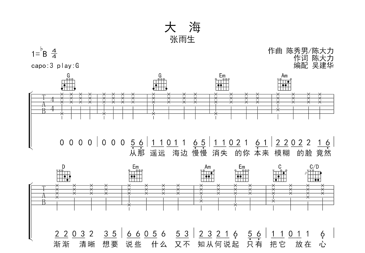 大海吉他谱_张雨生_G调弹唱