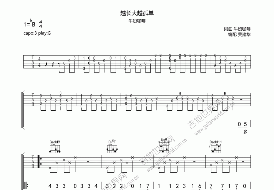 越长大越孤单吉他谱预览图