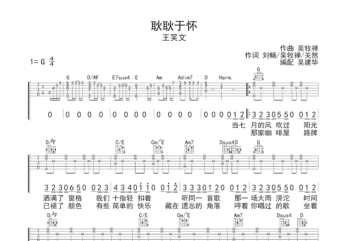 耿耿于怀吉他谱_王笑文_G调弹唱