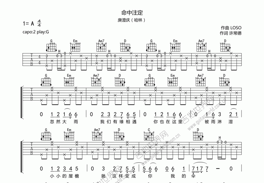 命中注定吉他谱预览图