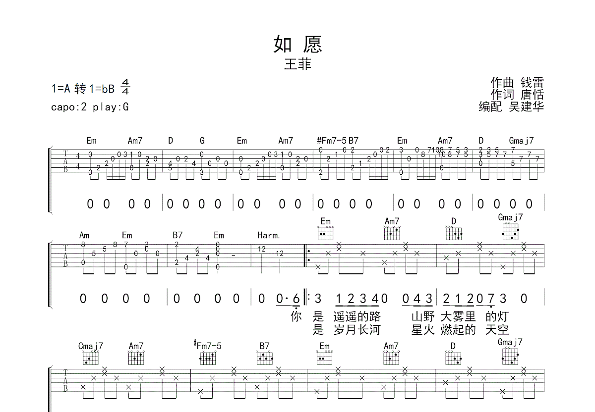 如愿吉他谱_王菲_G调弹唱