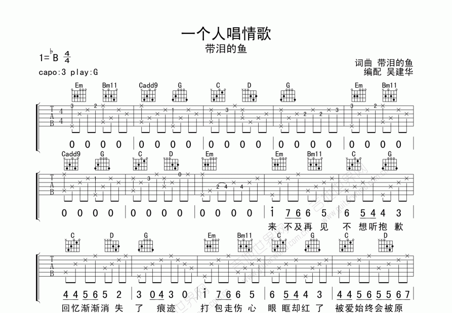 一个人唱情歌吉他谱预览图