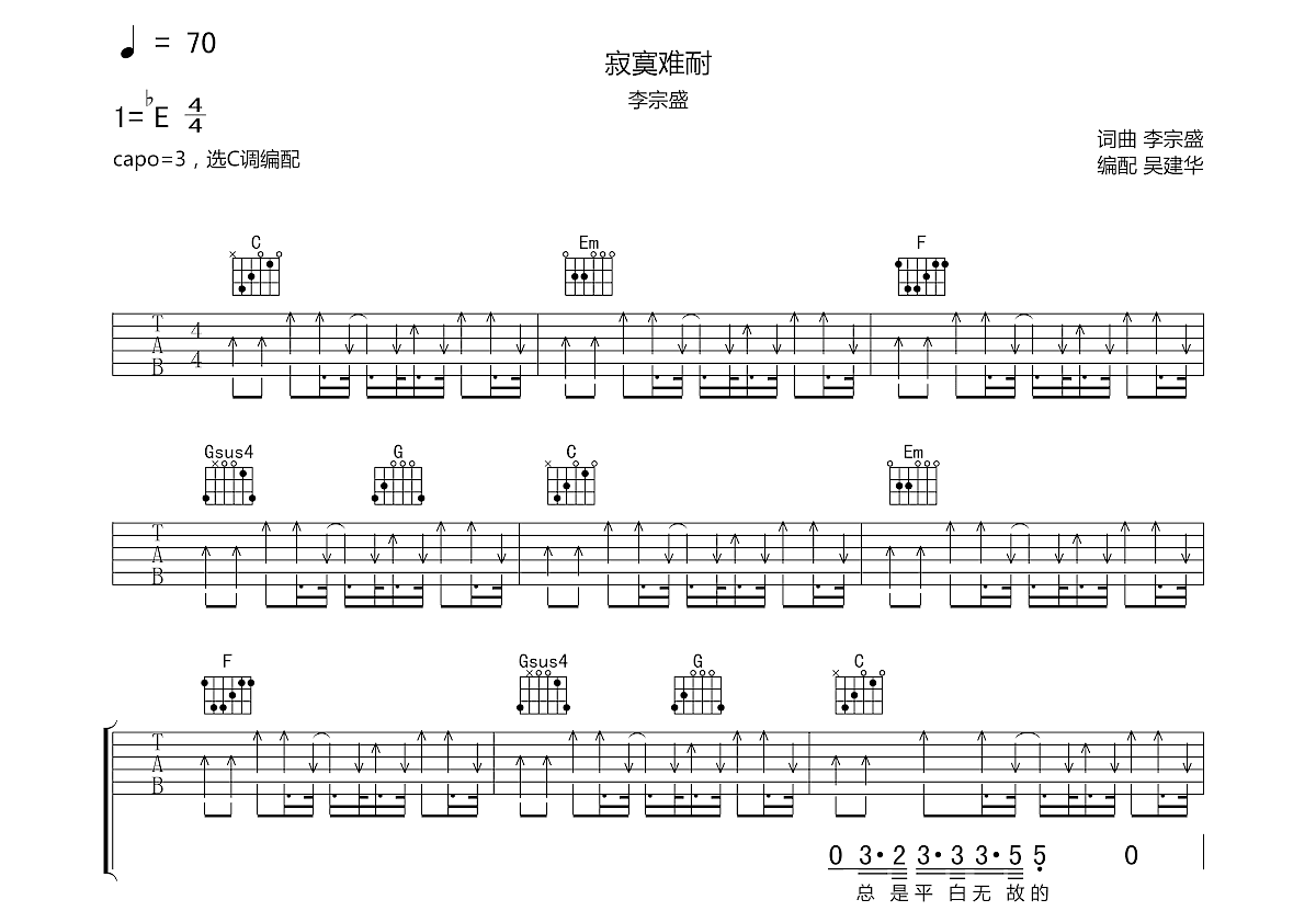 寂寞难耐吉他谱预览图