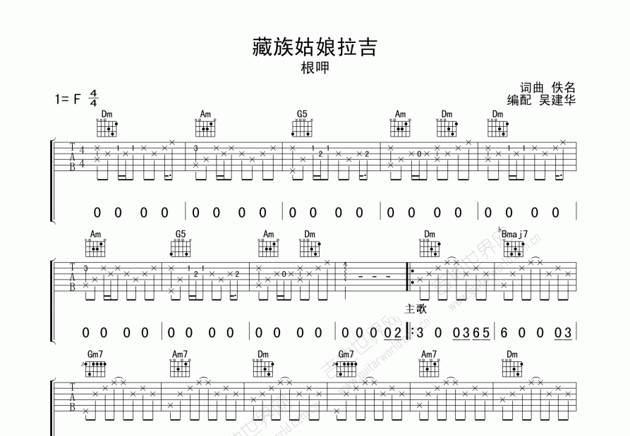 藏族姑娘拉吉吉他谱预览图