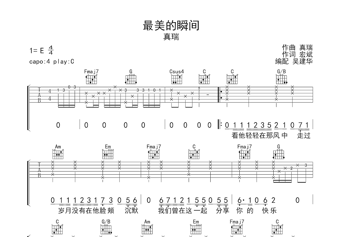 最美的瞬间吉他谱预览图