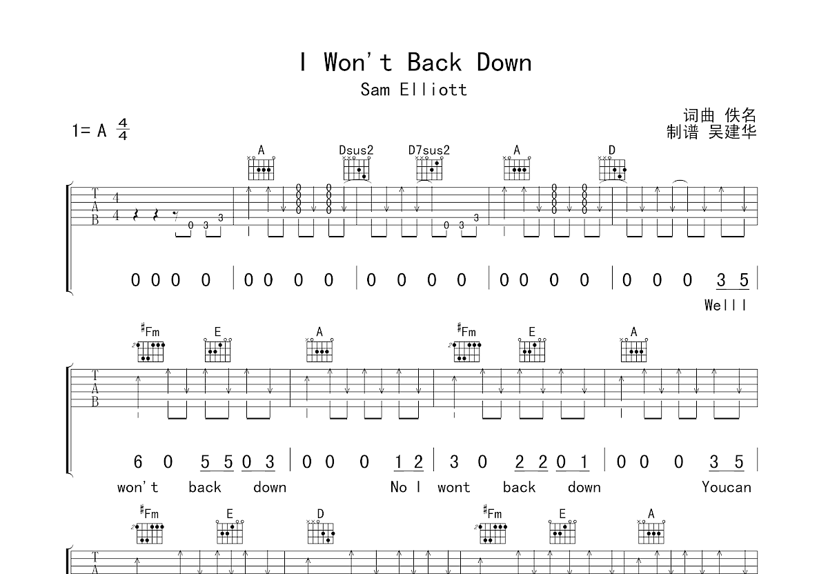 I Won't Back Down吉他谱预览图