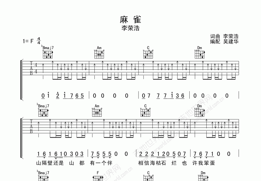 麻雀吉他谱预览图