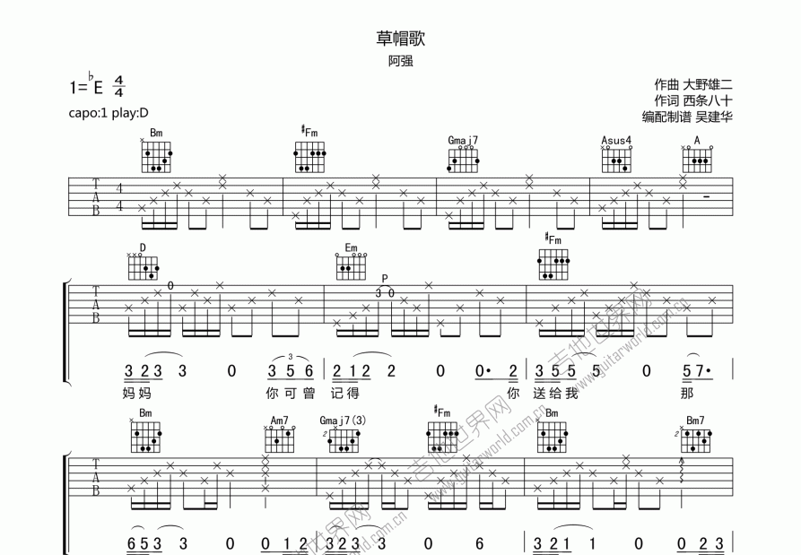 草帽歌吉他谱预览图